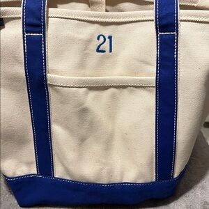 Lands End Medium canvas open tote white and Blue